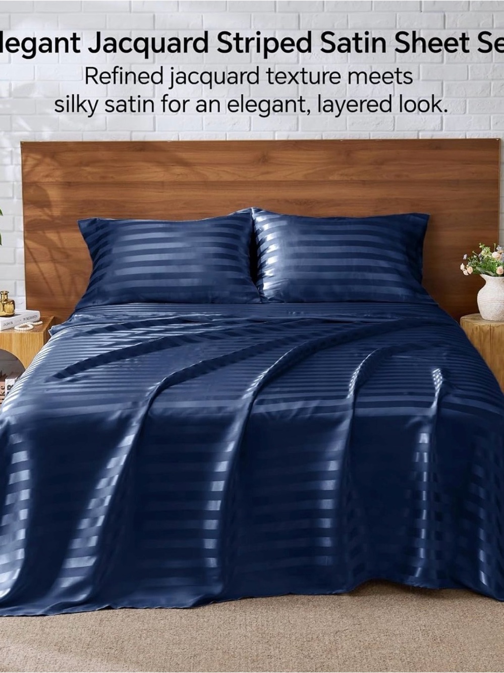 Elegant Jacquard Striped Satin Sheet Set - Navy